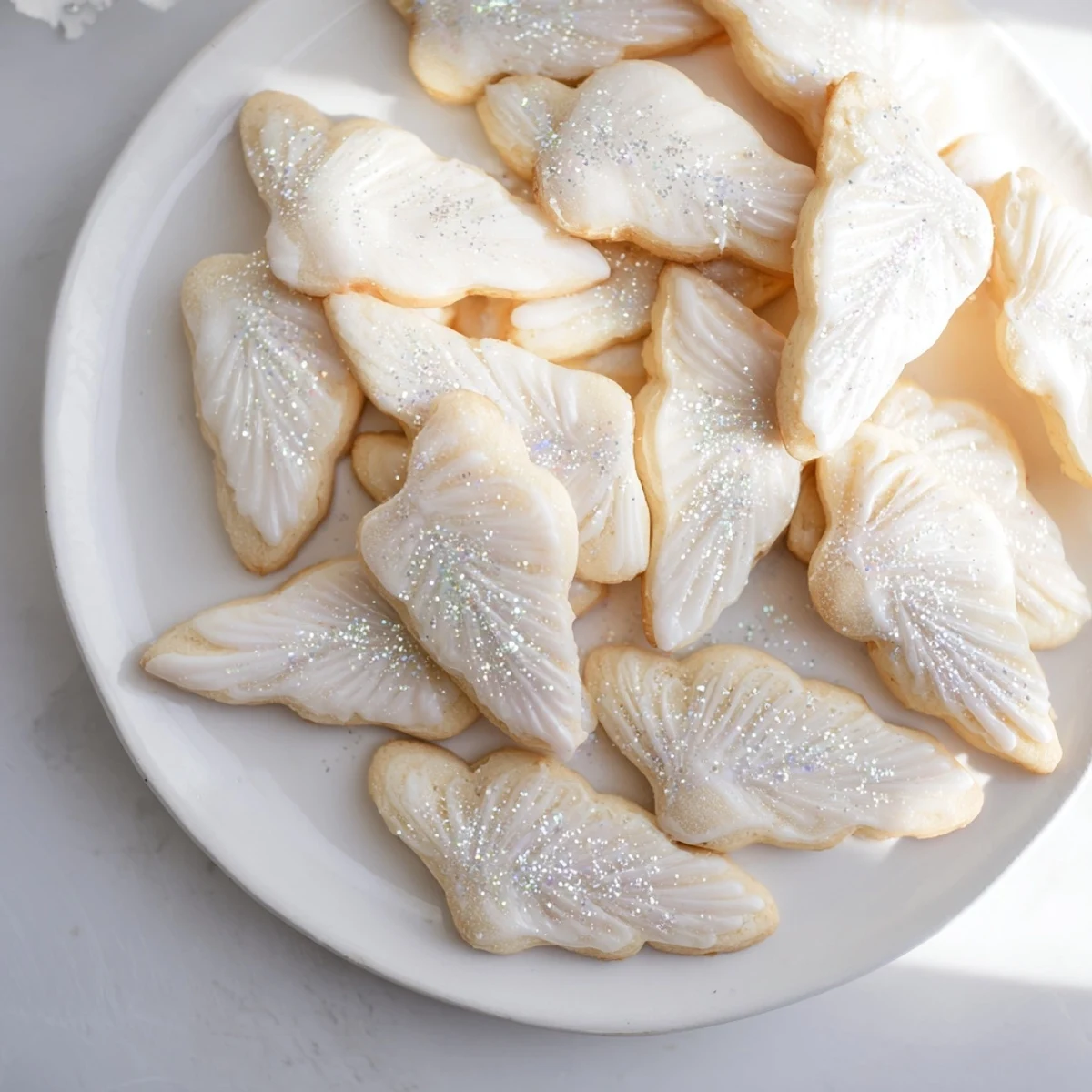 Close-up of baked Angel Wings sugar cookies, showing light, buttery texture and festive presentation.