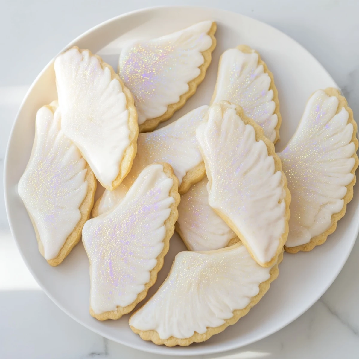 A plate of golden Angel Wings sugar cookies, delicately iced and sprinkled for gifting.