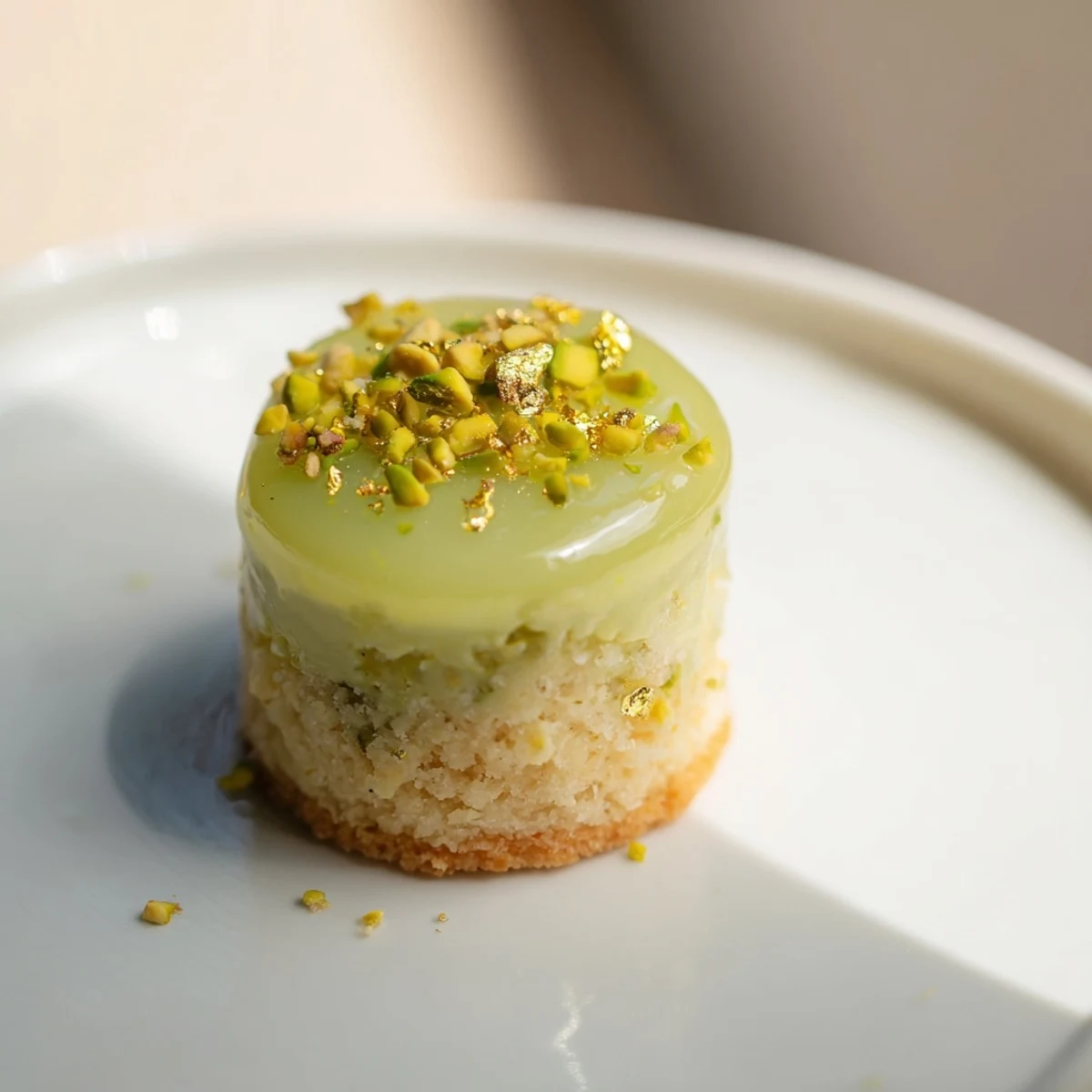 A close-up of elegant Grenouille Royale Petits Fours, showing layers of almond sponge and pistachio cream.