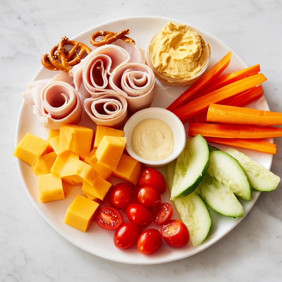 A vibrant Renard Rusé Snack Assortment features colorful cheese, veggies, and bite-sized delights ready to serve.