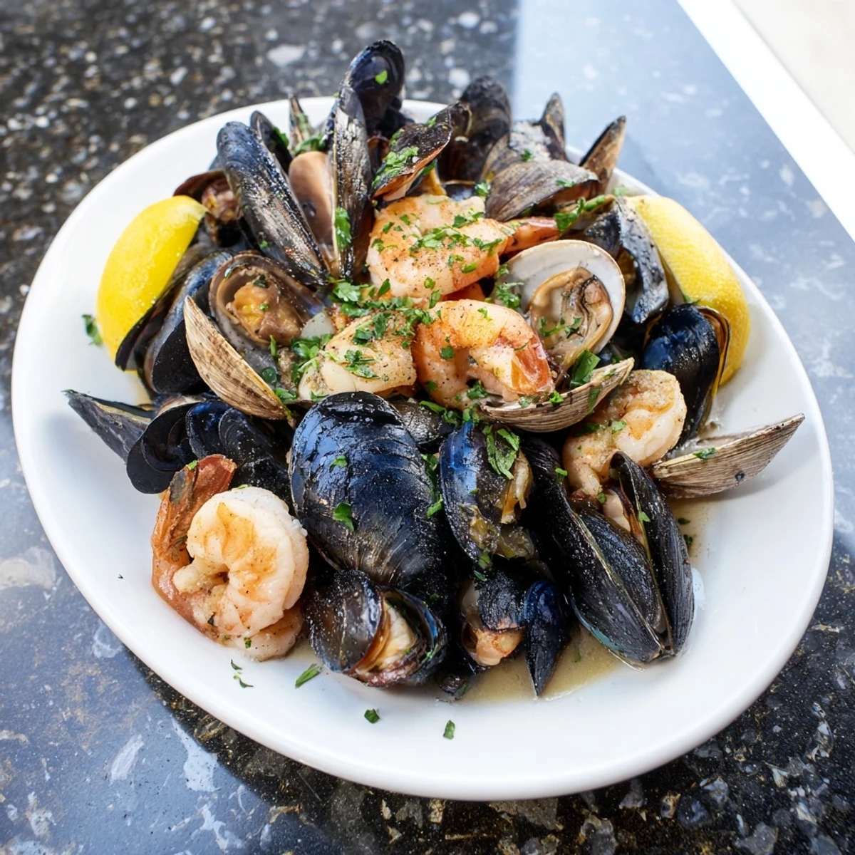 Steaming plate of Shellfish & Seafood Medley; a flavorful dish with plump mussels and shrimp.