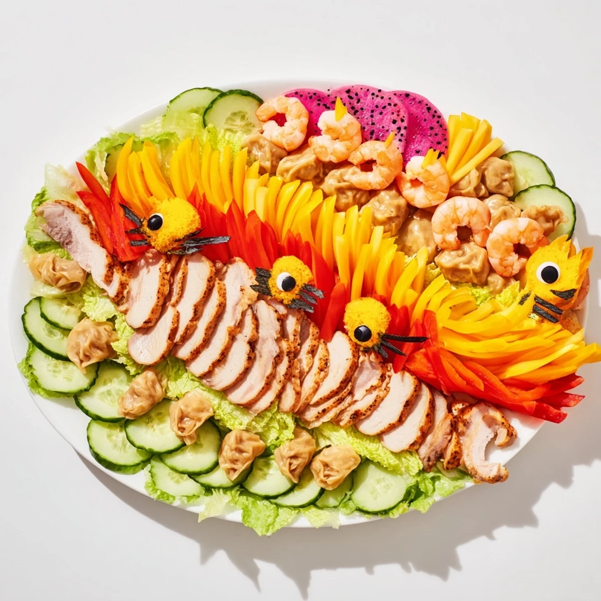 Vibrant Lunar New Year Dragon Platter with colorful veggies and shrimp, ready to be enjoyed.