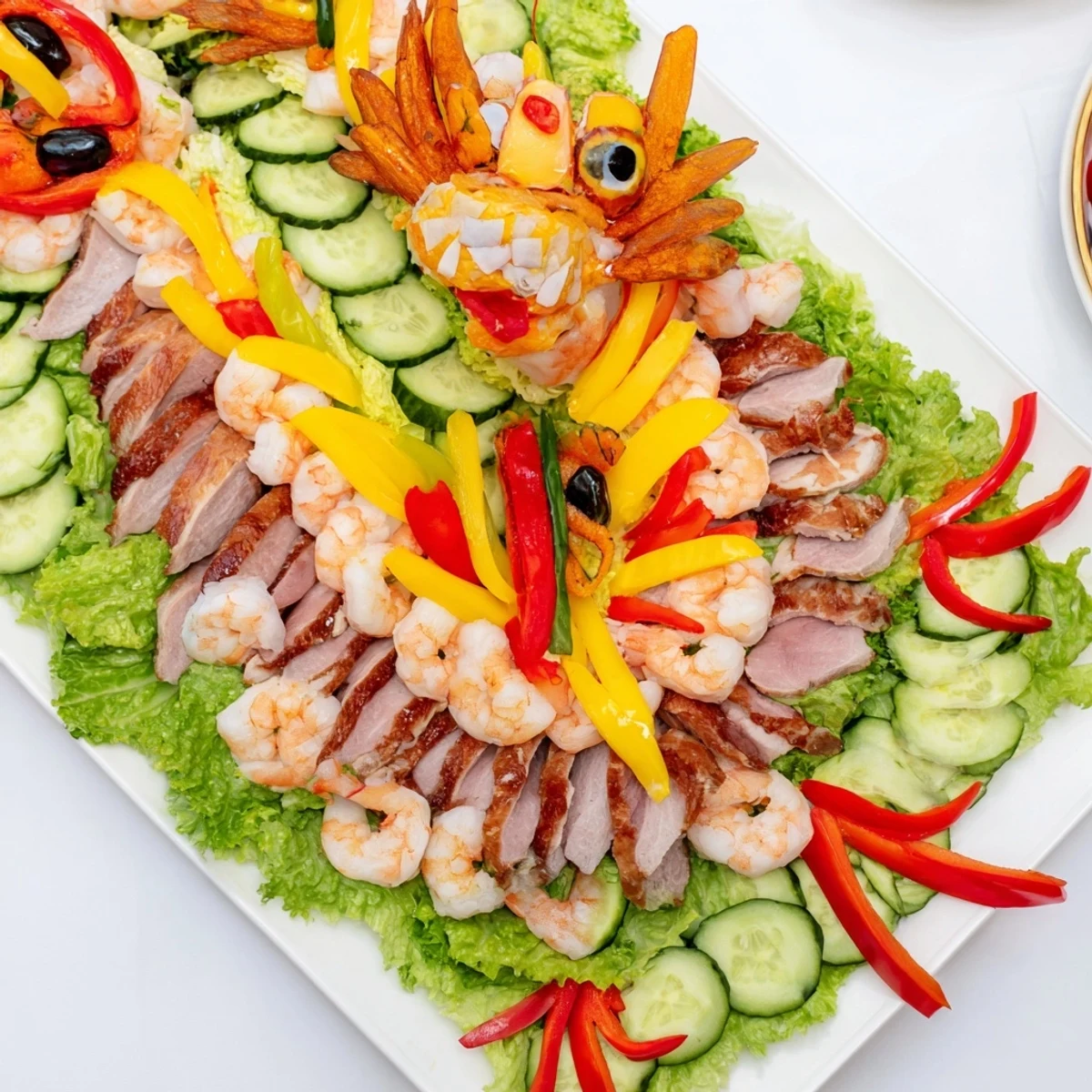 This festive Dragon Platter for Lunar New Year features char siu and potstickers, artfully arranged on a platter.