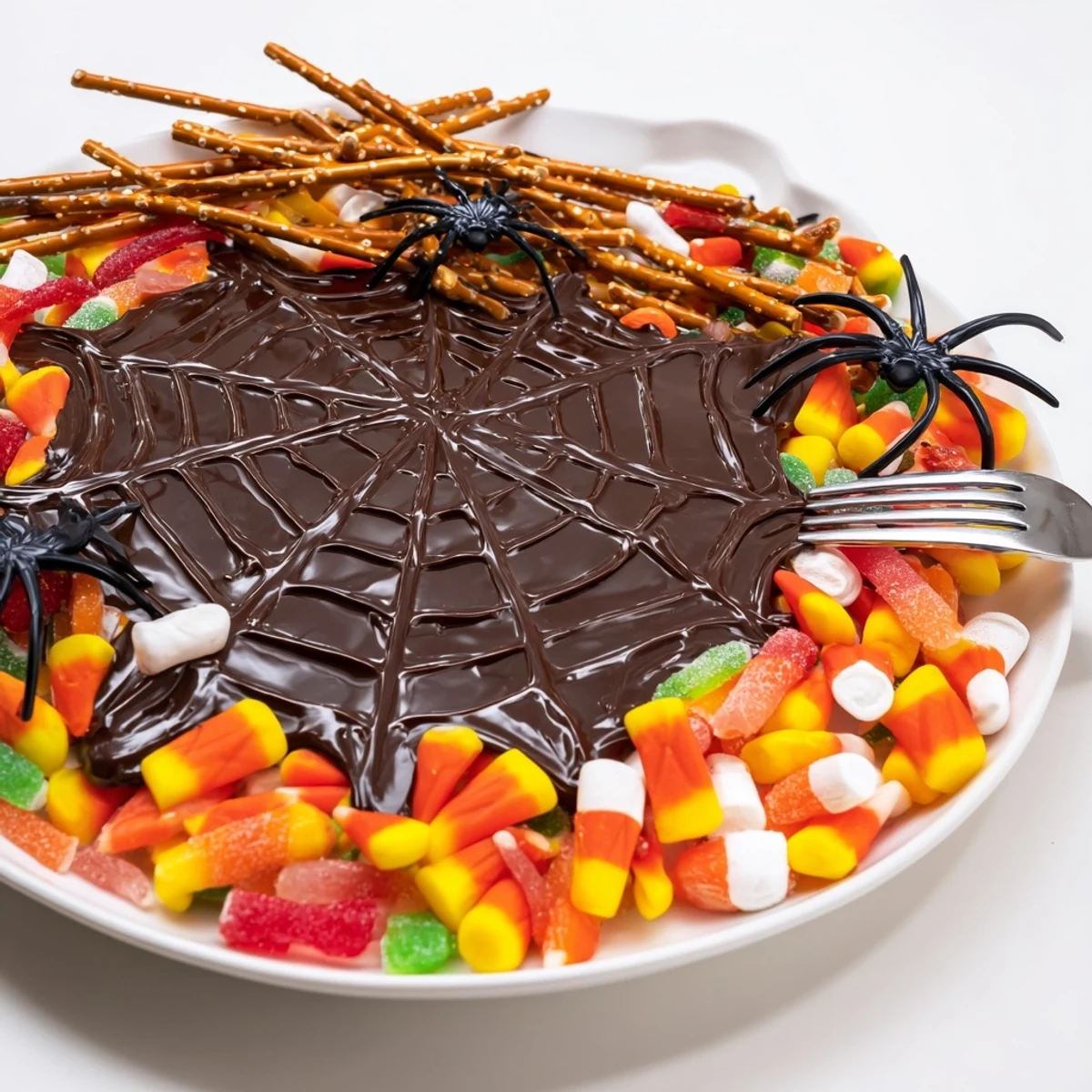 Dark chocolate spiderweb candy platter with colorful candies and gummy spiders ready to serve.