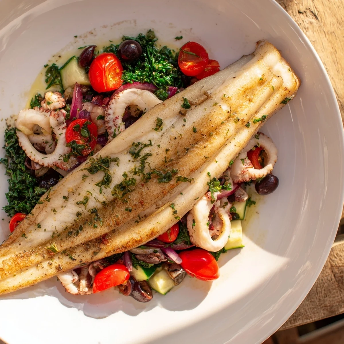 Gorgeous Plongeons dans lOcéan Poisson Bleu: flaky baked fish sits amidst colorful vegetables and shrimp.