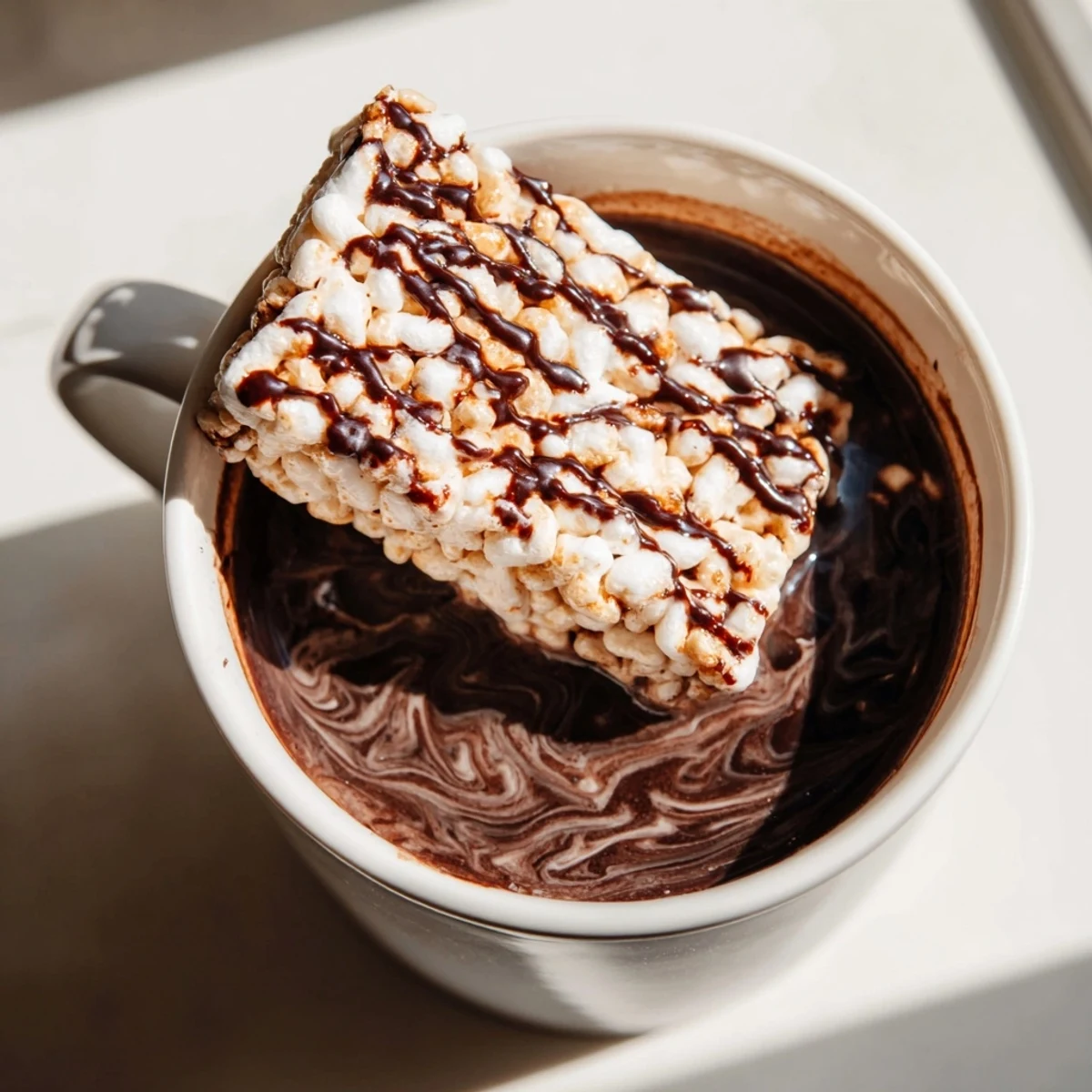Steaming hot chocolate swirled with melted marshmallow bar, a perfect cozy treat.
