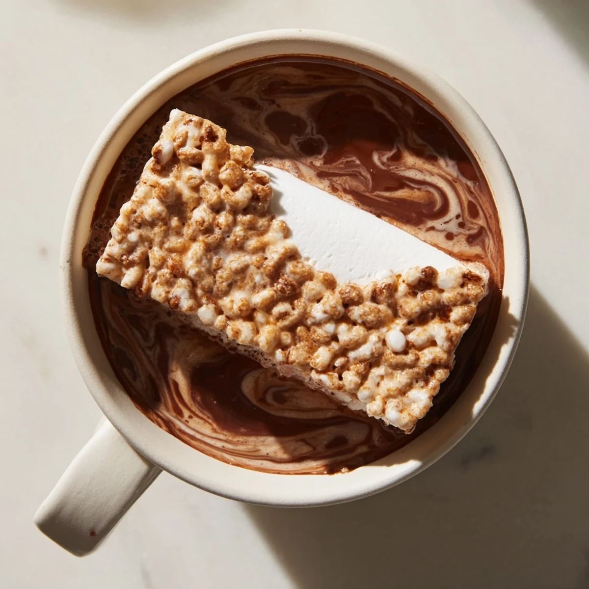 Rich hot chocolate topped with a sweet, pillowy marshmallow bar; ready to warm any soul.