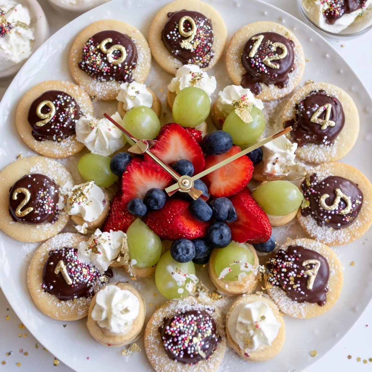 Sparkling Clock Countdown Platter arranged with cookies, fruits, and chocolate, ready to serve.