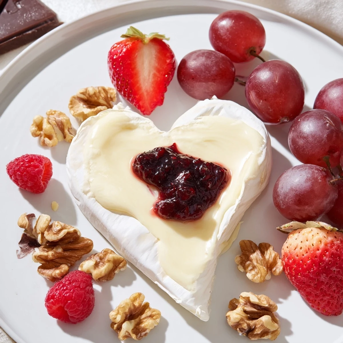 Heart-shaped Sweetheart Brie and Jam Board with vibrant berries and crackers, ready to enjoy.