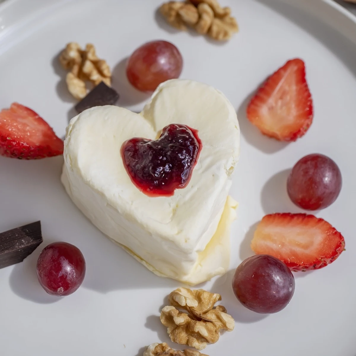 This Sweetheart Brie and Jam Board presents a delicious appetizer with fresh fruit and colorful jams.