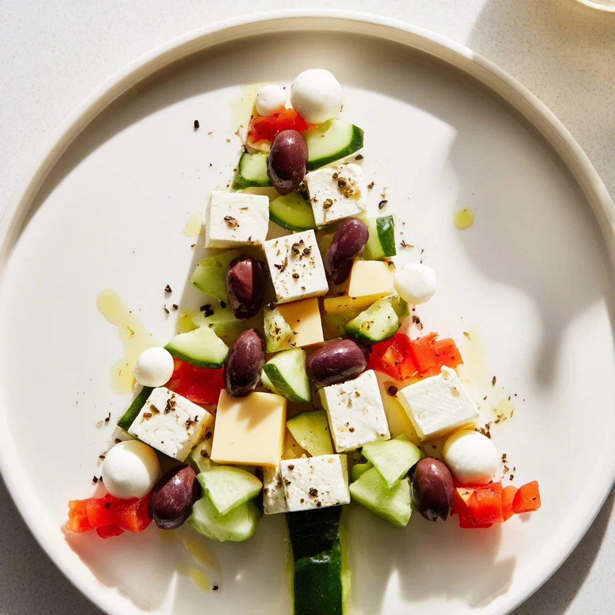 Festive cheese and olives, thoughtfully arranged into a vibrant pine tree wreath for a holiday appetizer.