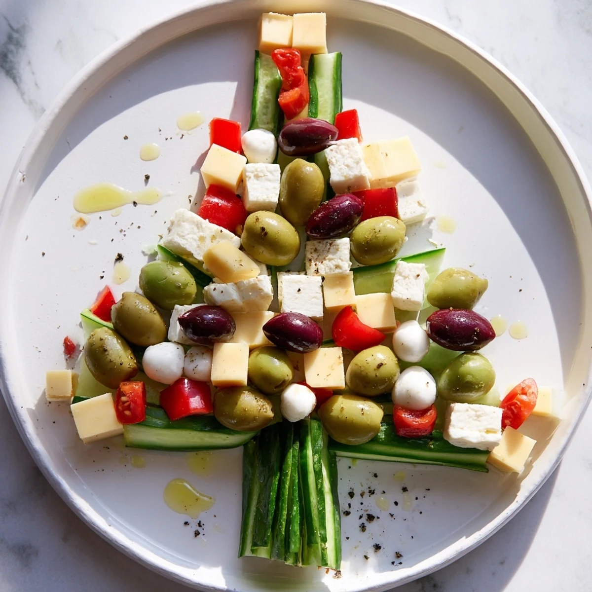 Savory Cheese & Olives: Pine Tree with colorful olives and cheeses, perfect for a Mediterranean holiday snack.
