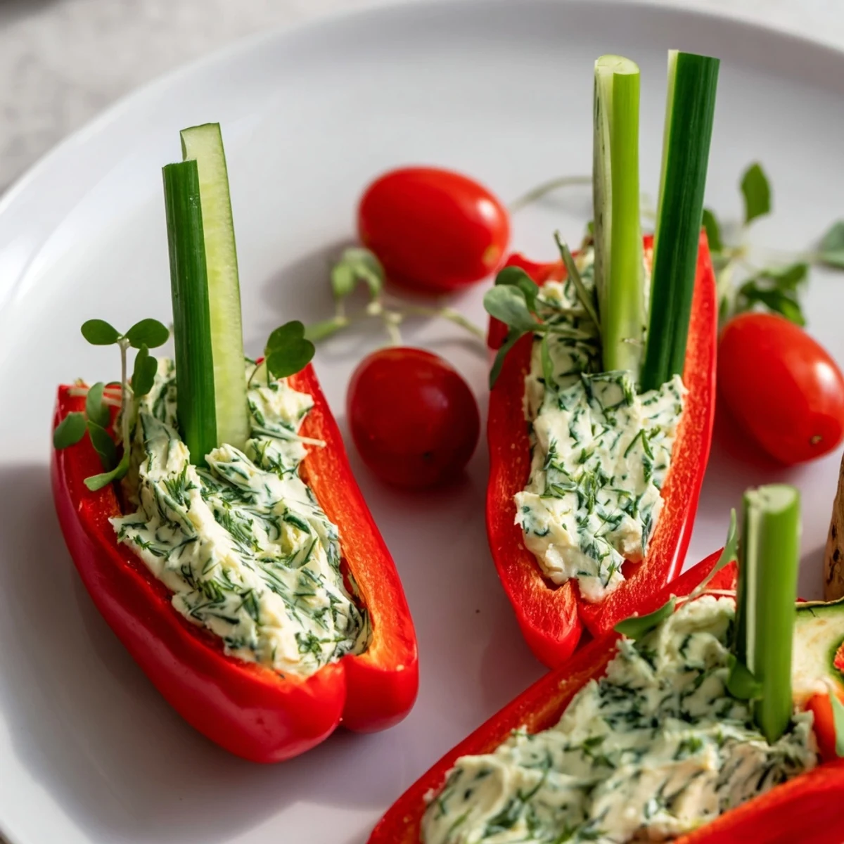 Blooming Tulip Veggie Cups filled with creamy herb cheese showcase beautiful colorful bell pepper petals.