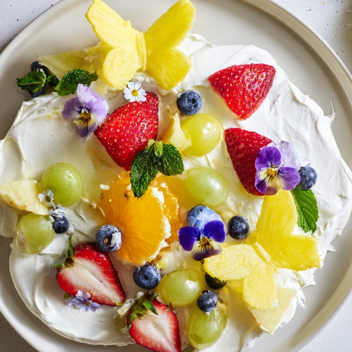 Butterfly Fruit and Cream Cheese Board with colorful fruit and creamy cheese, perfect for spring.