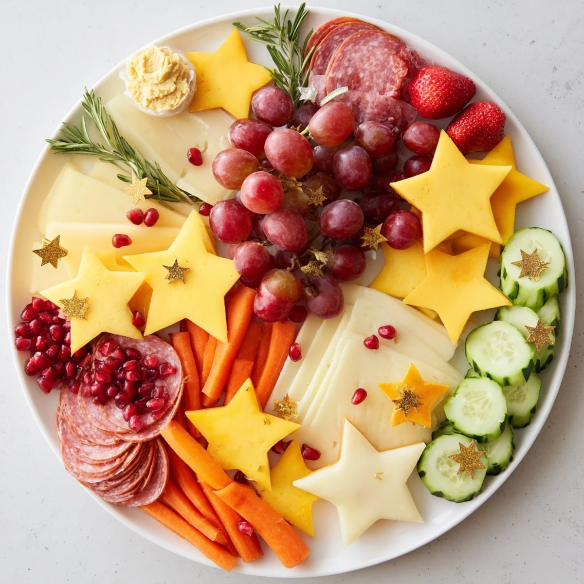 A beautiful Happy New Year star board, packed with colorful cheeses, fruits, and meats for sharing.