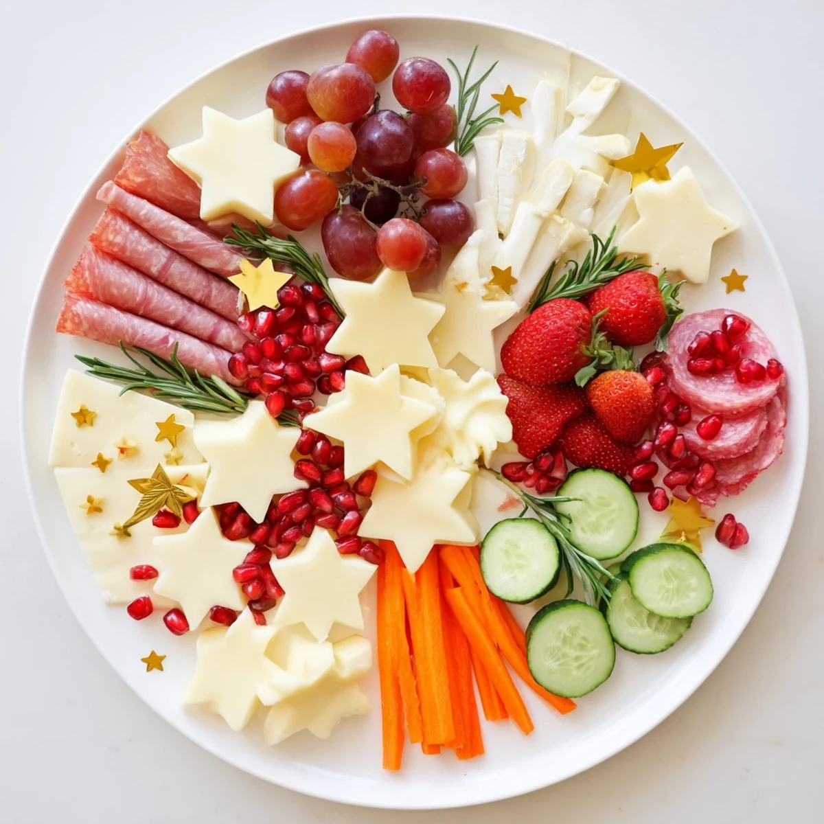 Festive Happy New Year star board: an array of appetizers, with star-shaped cheese and fruits ready to enjoy.
