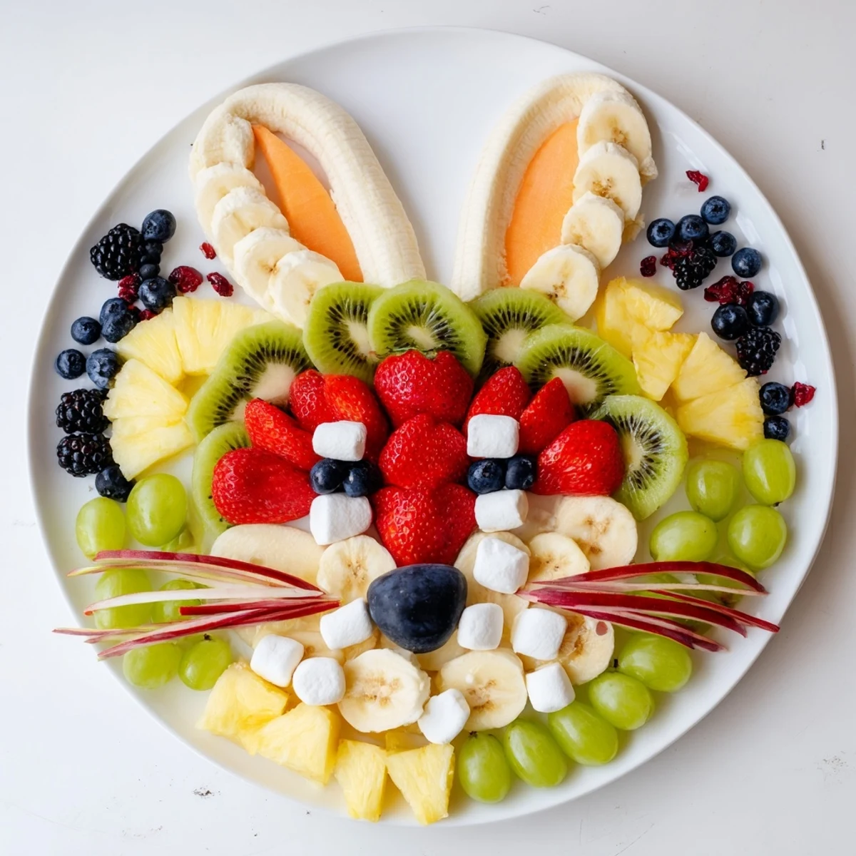 Bunny Face Fruit Salad Platter: a colorful, whimsical arrangement for Easter brunch, filled with vibrant fresh fruit.