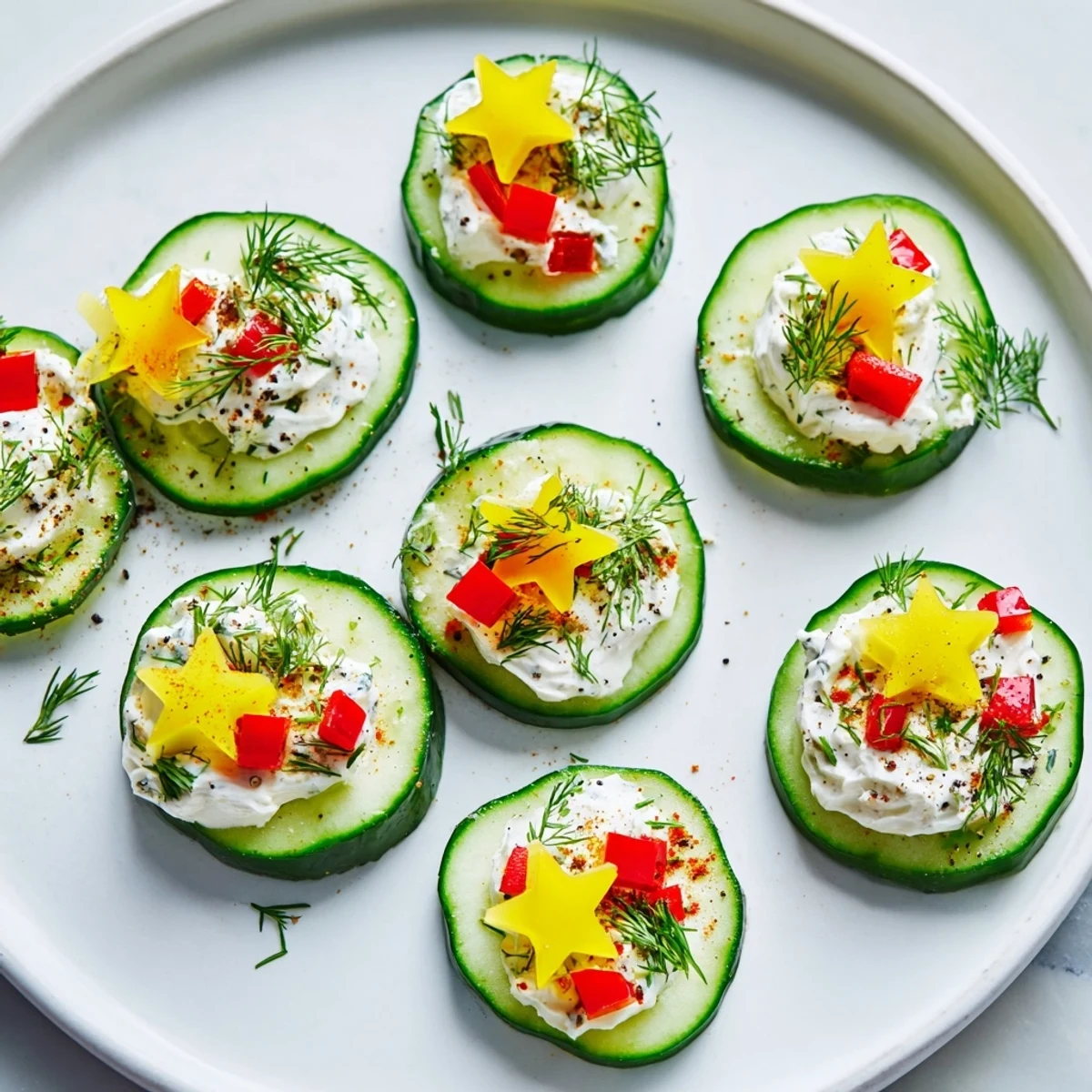 Bright cucumber bites, festive Holiday Star Cucumber Bites, garnished with vibrant bell peppers and dill.