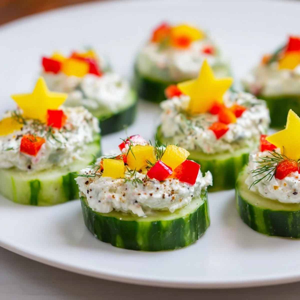 Close-up of fresh Holiday Star Cucumber Bites, offering a delightful appetizer for your next holiday event.