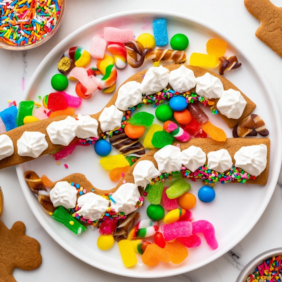 Candy Land Gingerbread Path dessert board filled with colorful candies, a whimsical, festive treat.