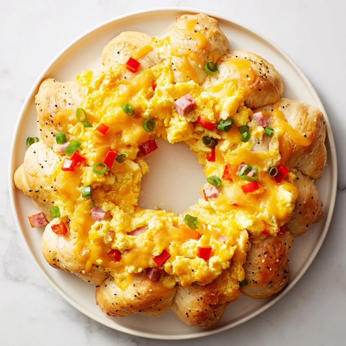 Golden brown wreath-shaped egg and ham bake, filled with cheesy scrambled eggs after freshly baking.