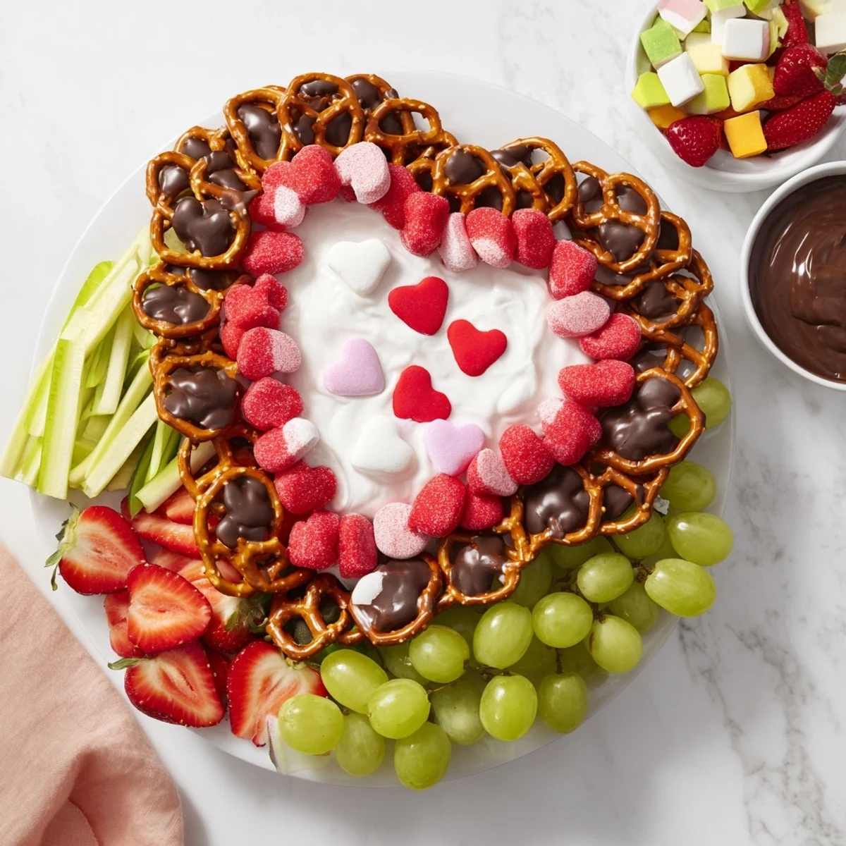 Festive The Grinch's Heart Pretzel Board with colorful fruits, candies, and sweet dips perfect for holiday snacking.
