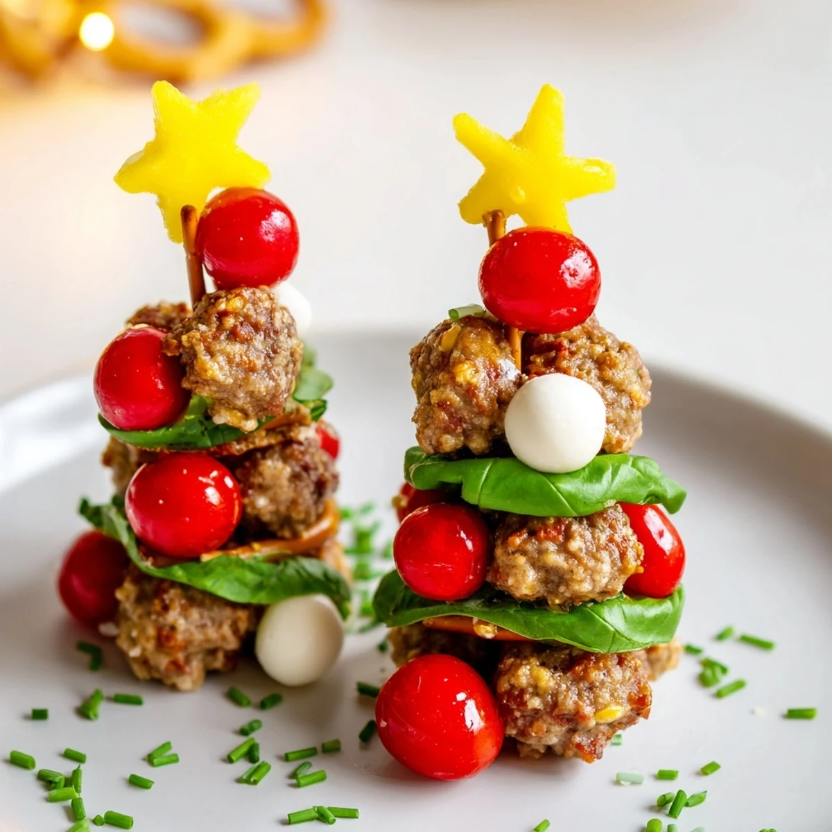 Delicious mini Meatball Christmas Trees adorned with mozzarella and basil, ready to serve and enjoy.