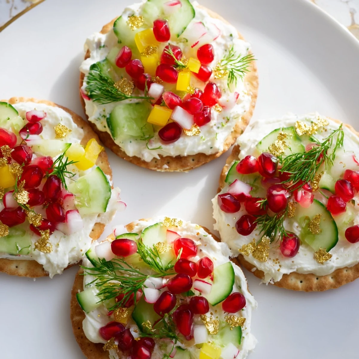 Festive Ornament Shaped Cracker Toppings arranged with vibrant red and yellow bell peppers, ready to serve and enjoy.