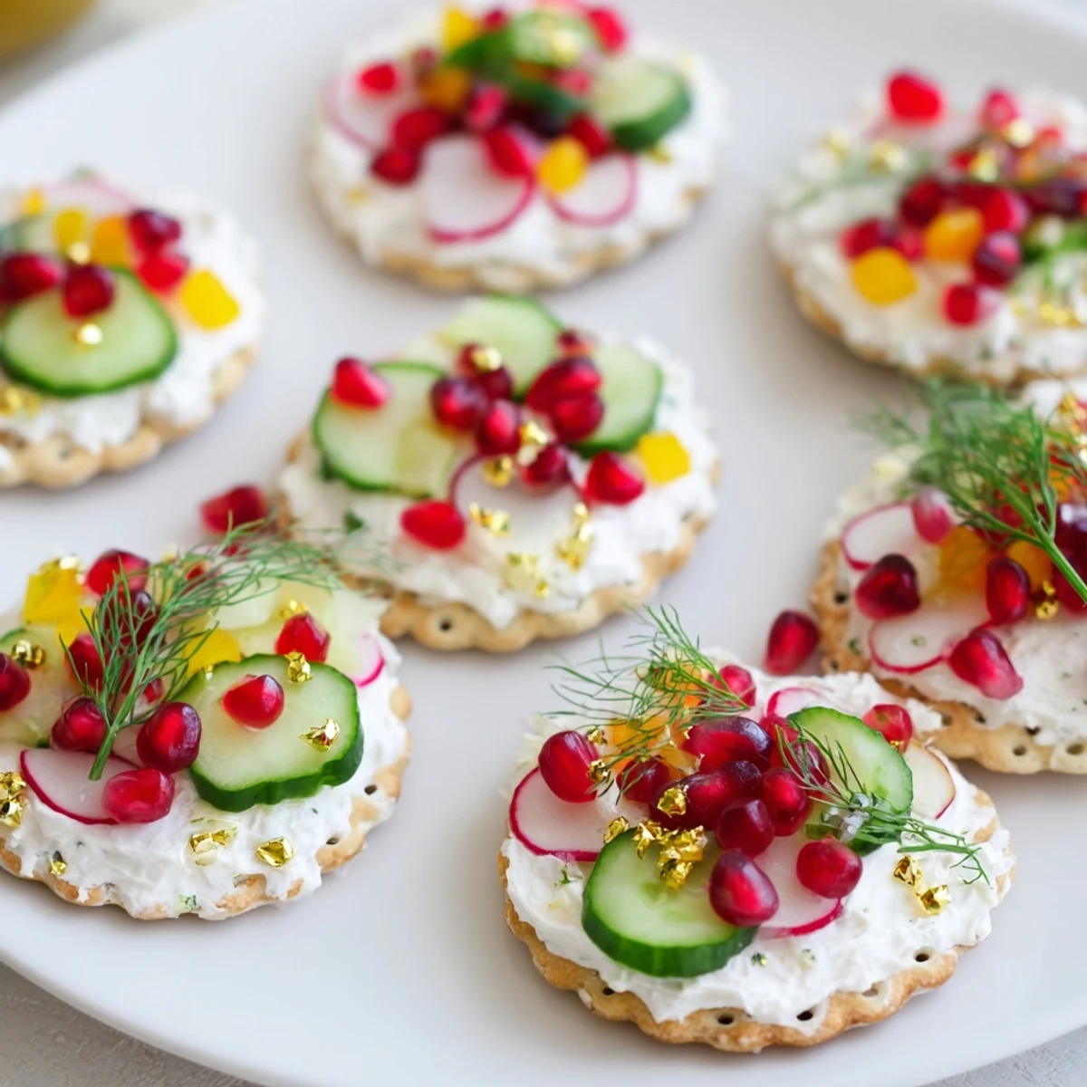 Delicious Ornament Shaped Cracker Toppings with creamy textures, fresh chives, and colorful, diced vegetables, perfect party appetizers.