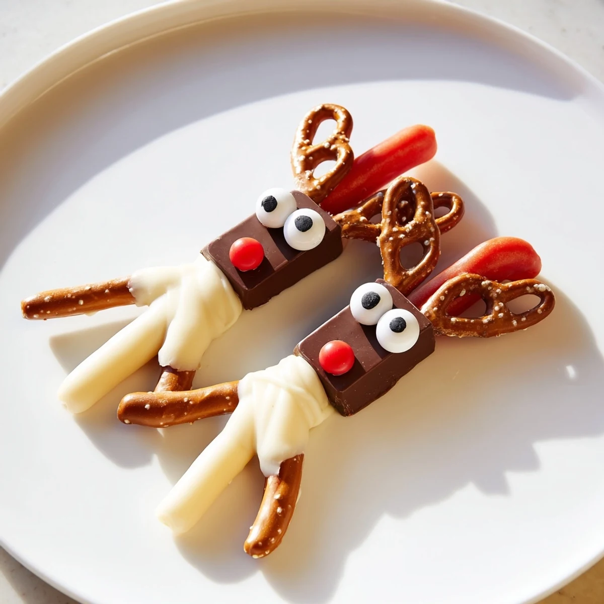 Vibrant image of fun Rudolph Candy Cane Sleds, a festive holiday dessert made with chocolate and candy.