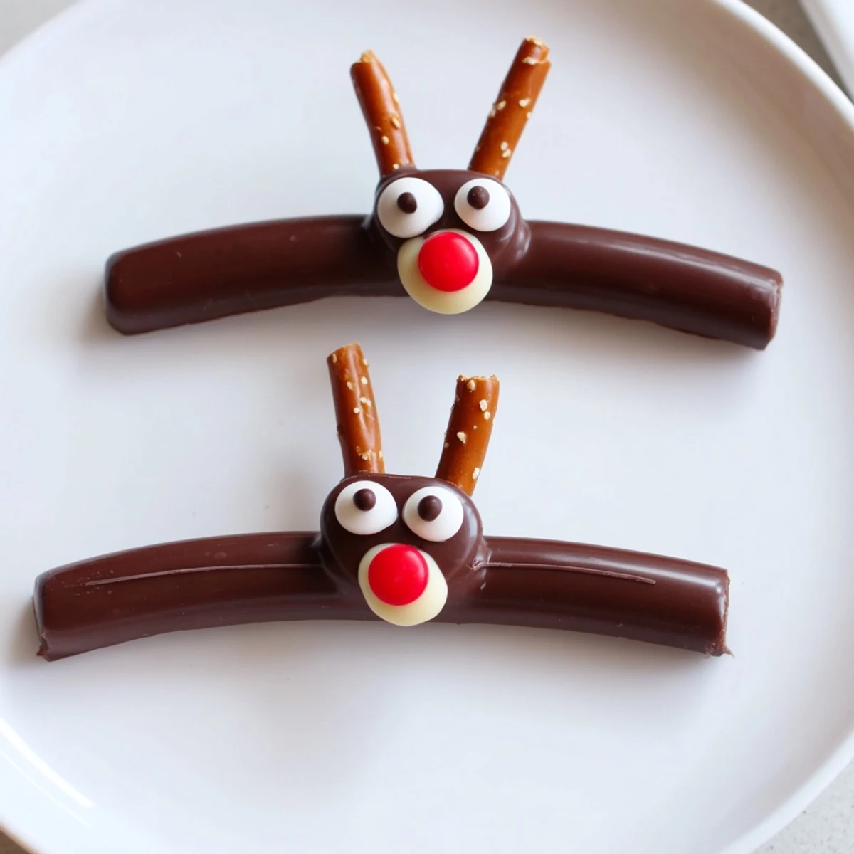 Sweet and easy-to-make Rudolph Candy Cane Sleds, perfect for a kid-friendly Christmas treat, photographed from above.