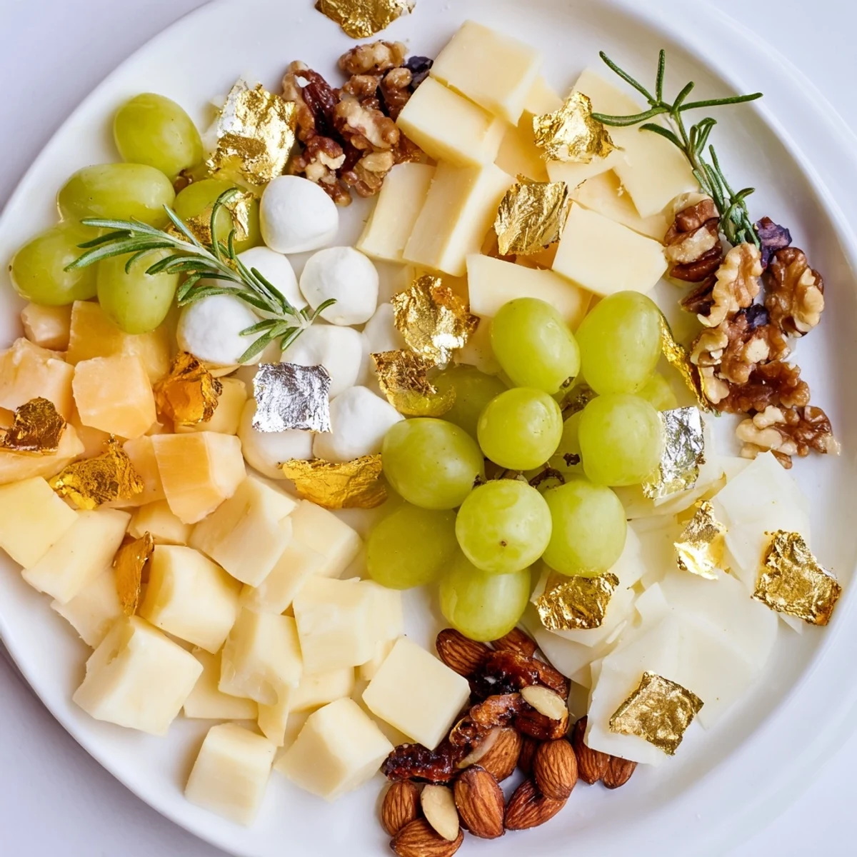Delicious Gold and Silver Cheese Cube Board arrangement, garnished, ready for New Year's Eve festivities.