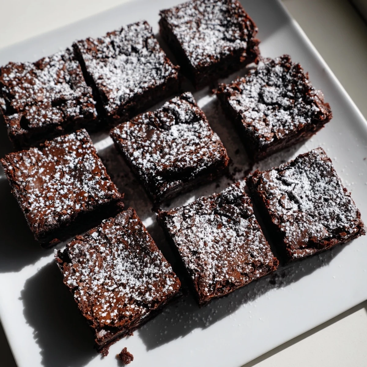 Warm, fudgy brownie squares dusted with powdered sugar, ready for serving and delicious to eat.