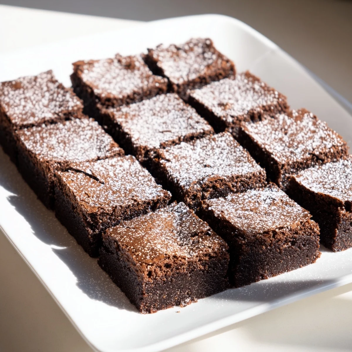 Close-up of freshly baked brownie squares, each square perfectly dusted with powdered sugar topping.
