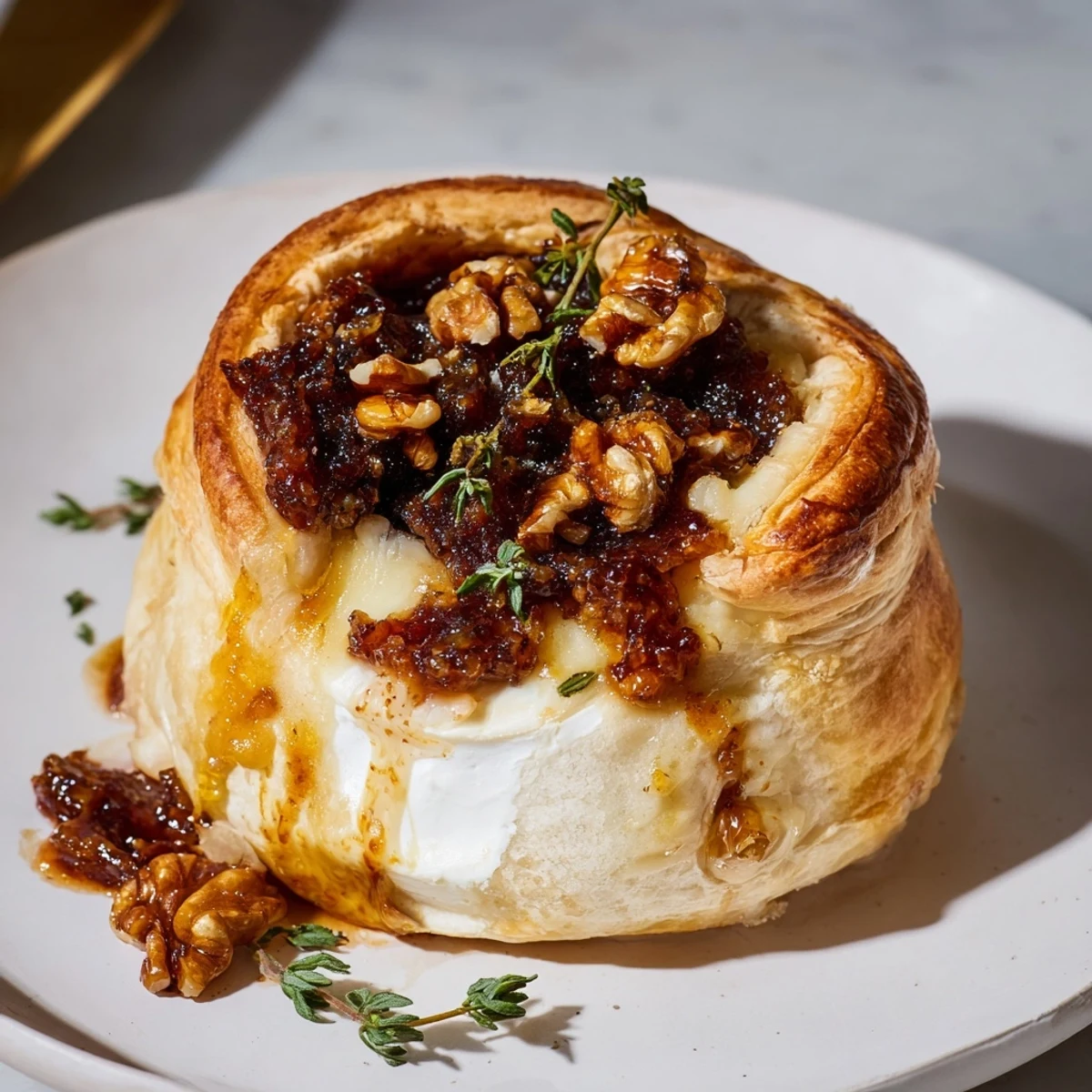 Golden-brown Baked Brie with fig jam, perfect to serve with crackers for guests.