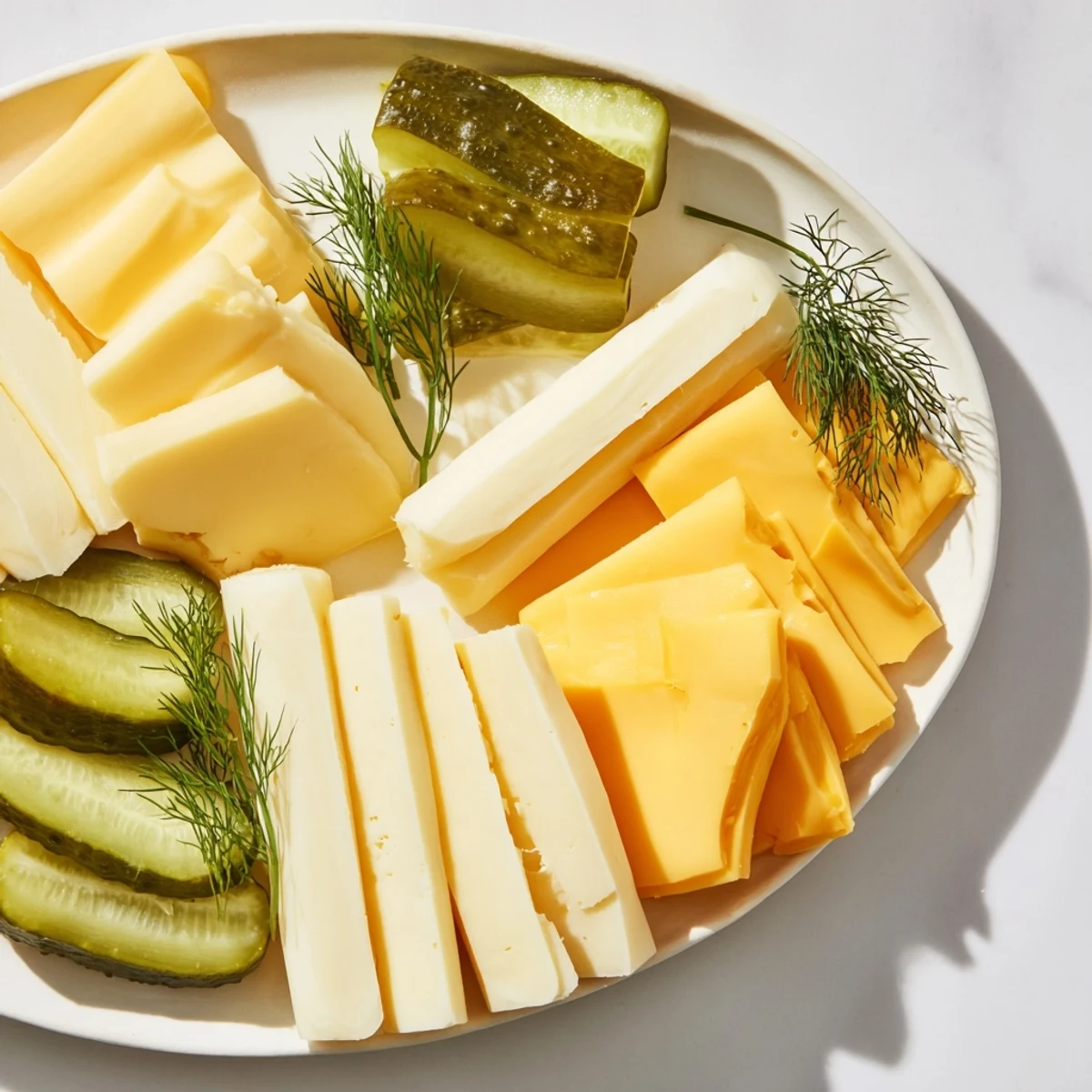 A close-up of delicious Dill Pickles and Sliced Cheese, perfect for a quick American snack or party.
