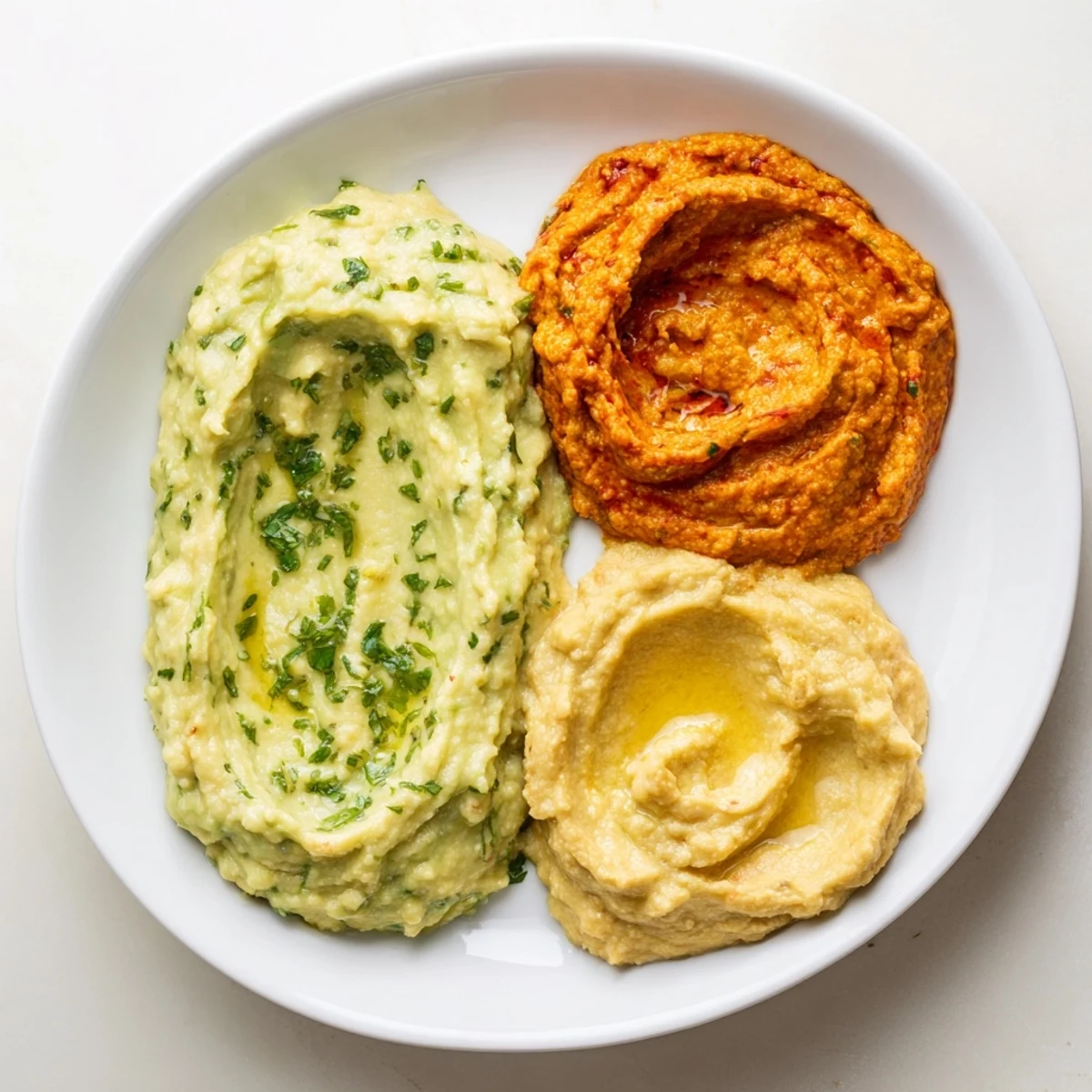 Vibrant Dip Trio: Creamy avocado, roasted pepper, and turmeric hummus dips beautifully arranged for dipping.