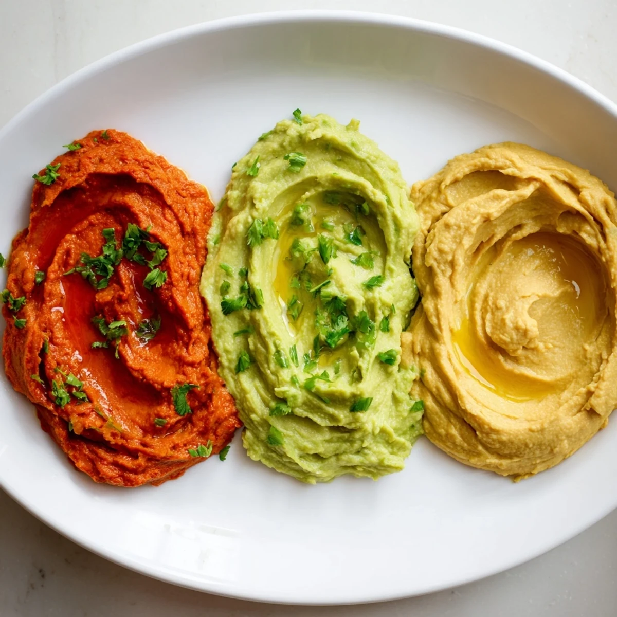 This Dip Trio offers a taste of creamy avocado, red pepper, and golden turmeric hummus, ready to enjoy.