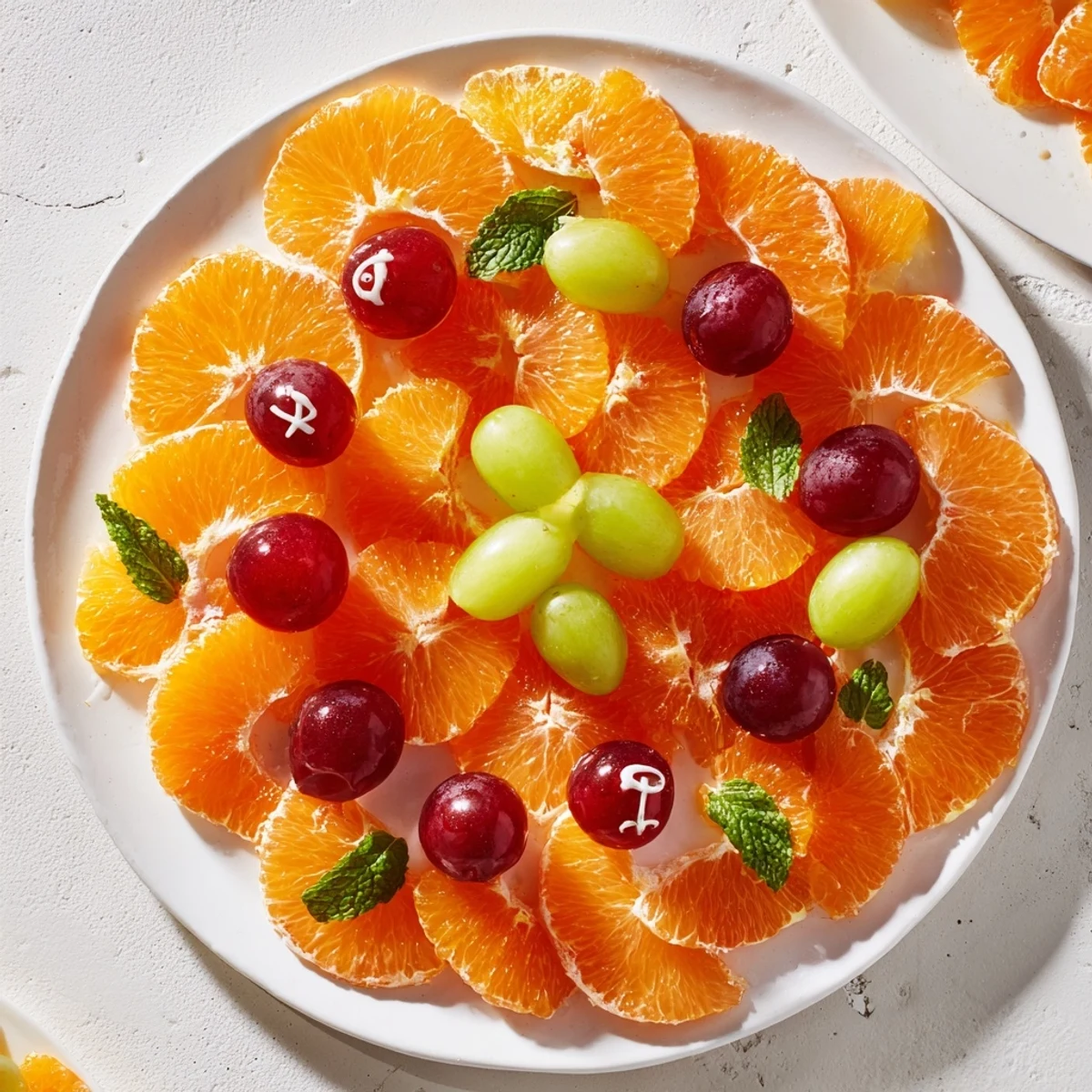 Bright orange segments and sweet grapes arranged as a fun, edible clock face for a healthy snack or brunch.