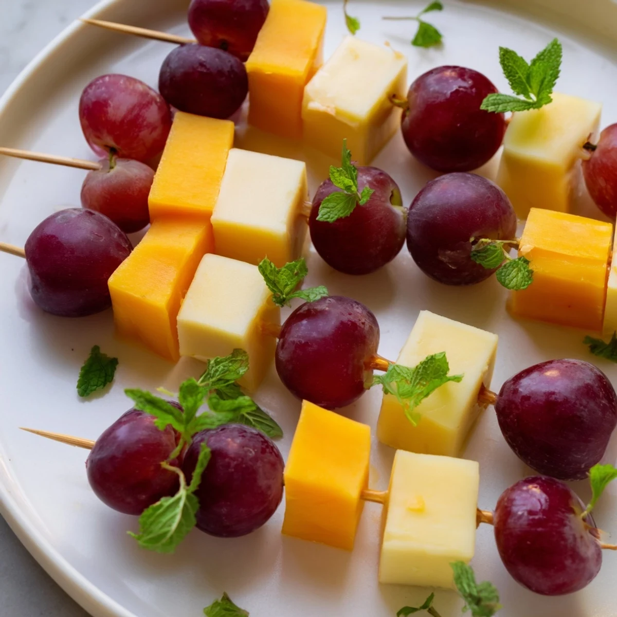 Fresh cheese & grape skewers, a vibrant snack, showcasing alternating cubes and juicy grapes.