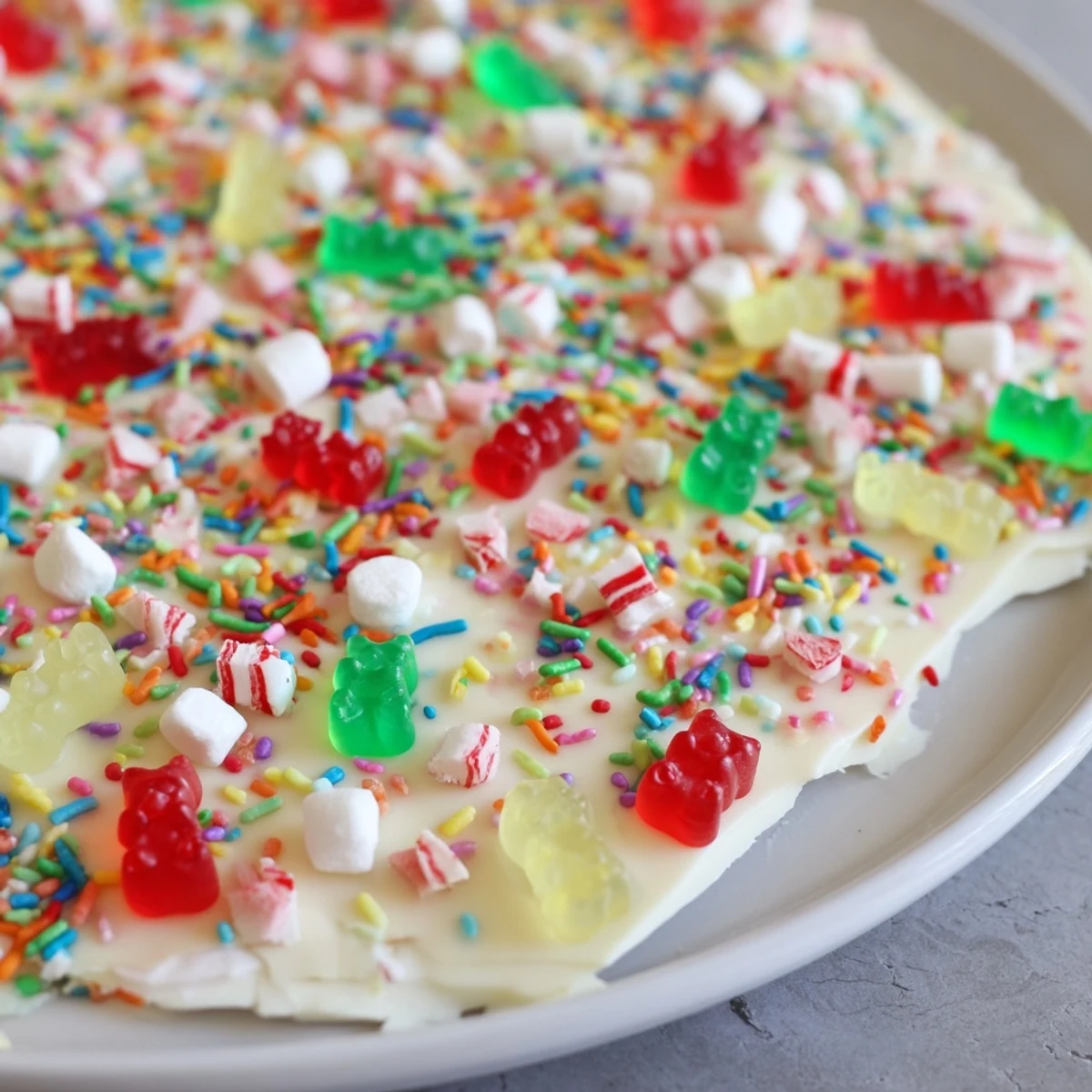 A delightful close-up: sweet gummy bears and candy canes artfully arranged on chocolate bark.