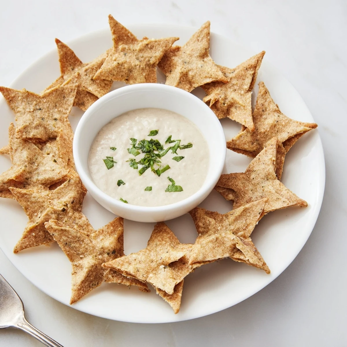 Golden-brown, star-shaped Holiday Crackers arranged around a creamy, herb-flecked dip for sharing.