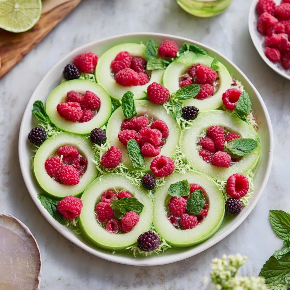 Colorful layered fruit platter: refreshing melon circles and vibrant berry arrangement, perfect for summer.