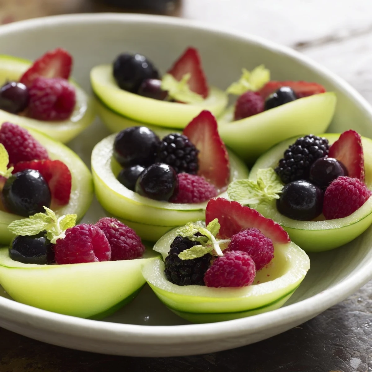 This fruit platter features a gorgeous layering of melon and berries, ideal for a light, healthy appetizer.