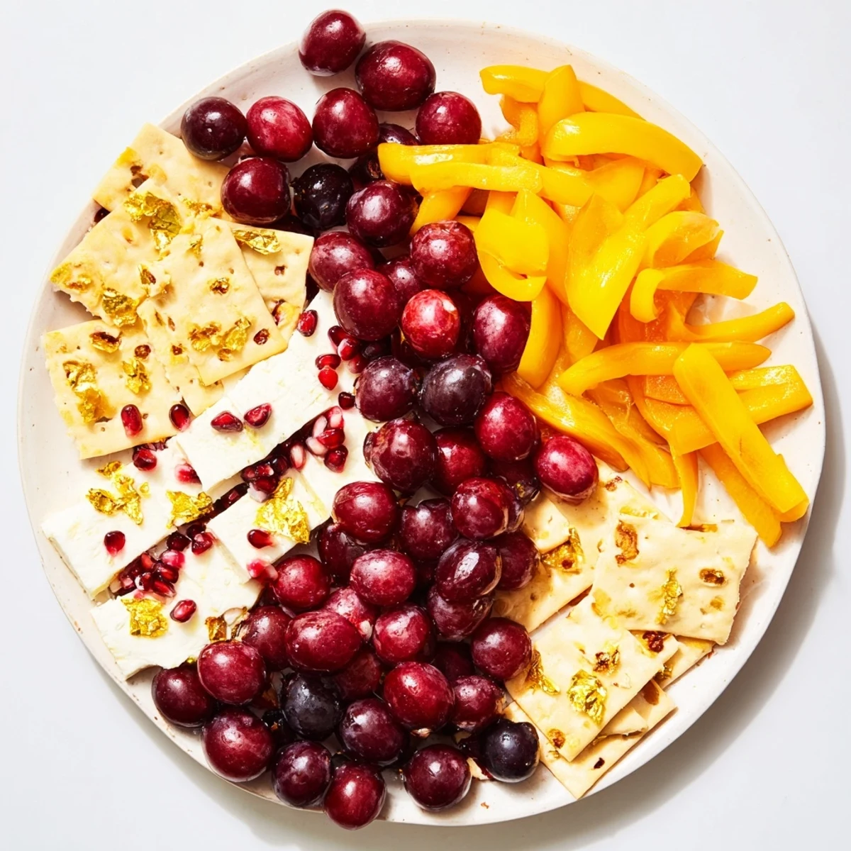 Crimson & Gold Gala appetizer: a colorful cheese board with roasted peppers, wine cheese, and golden crackers.