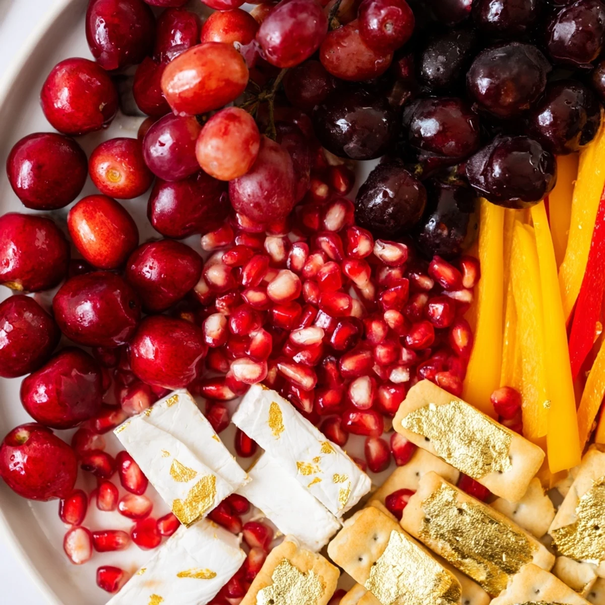 Delicious Crimson & Gold Gala appetizer platter: sweet cherries, red grapes with golden cheeses and crackers, visually striking.