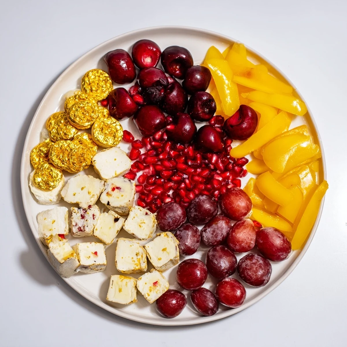 Vibrant image shows Crimson & Gold Gala ingredients arranged in blocks on a platter, ideal for a party.