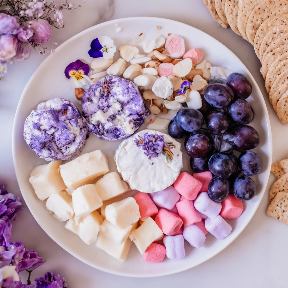 A stunning Lavender Haze Dreamscape cheese board, perfect for an ethereal appetizer, featuring creamy cheeses.