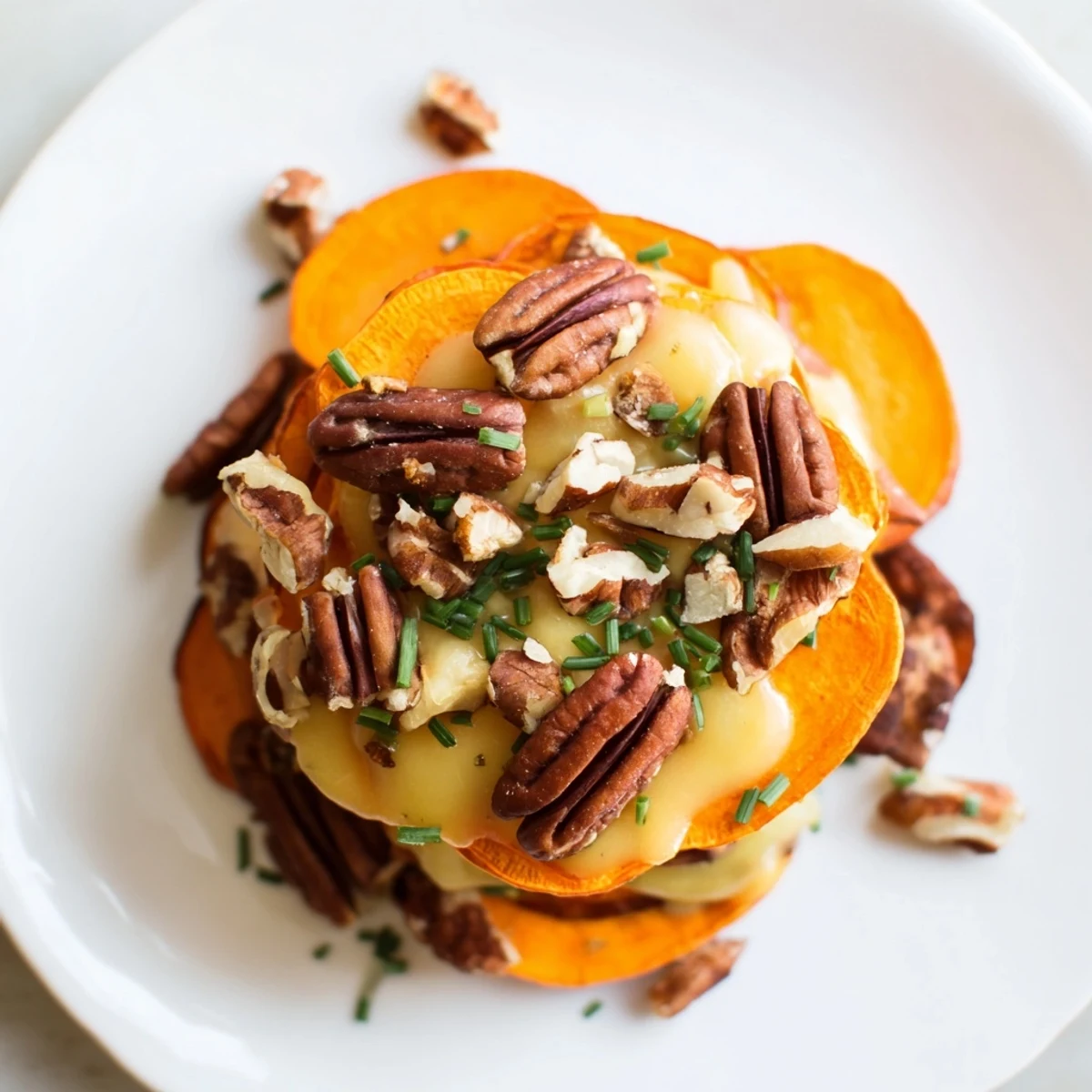 Warm Copper Penny Warmth with melted cheese and toasted pecans; a beautiful vegetarian appetizer.
