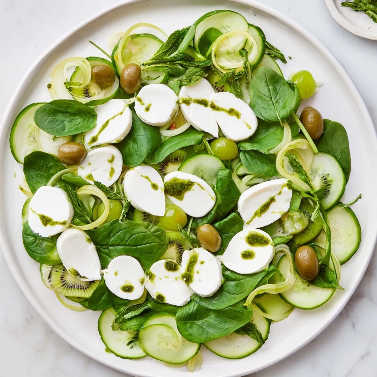 Gorgeous layered Emerald Isle Greenscape salad: spinach, kiwi, and grapes, ready to enjoy immediately.